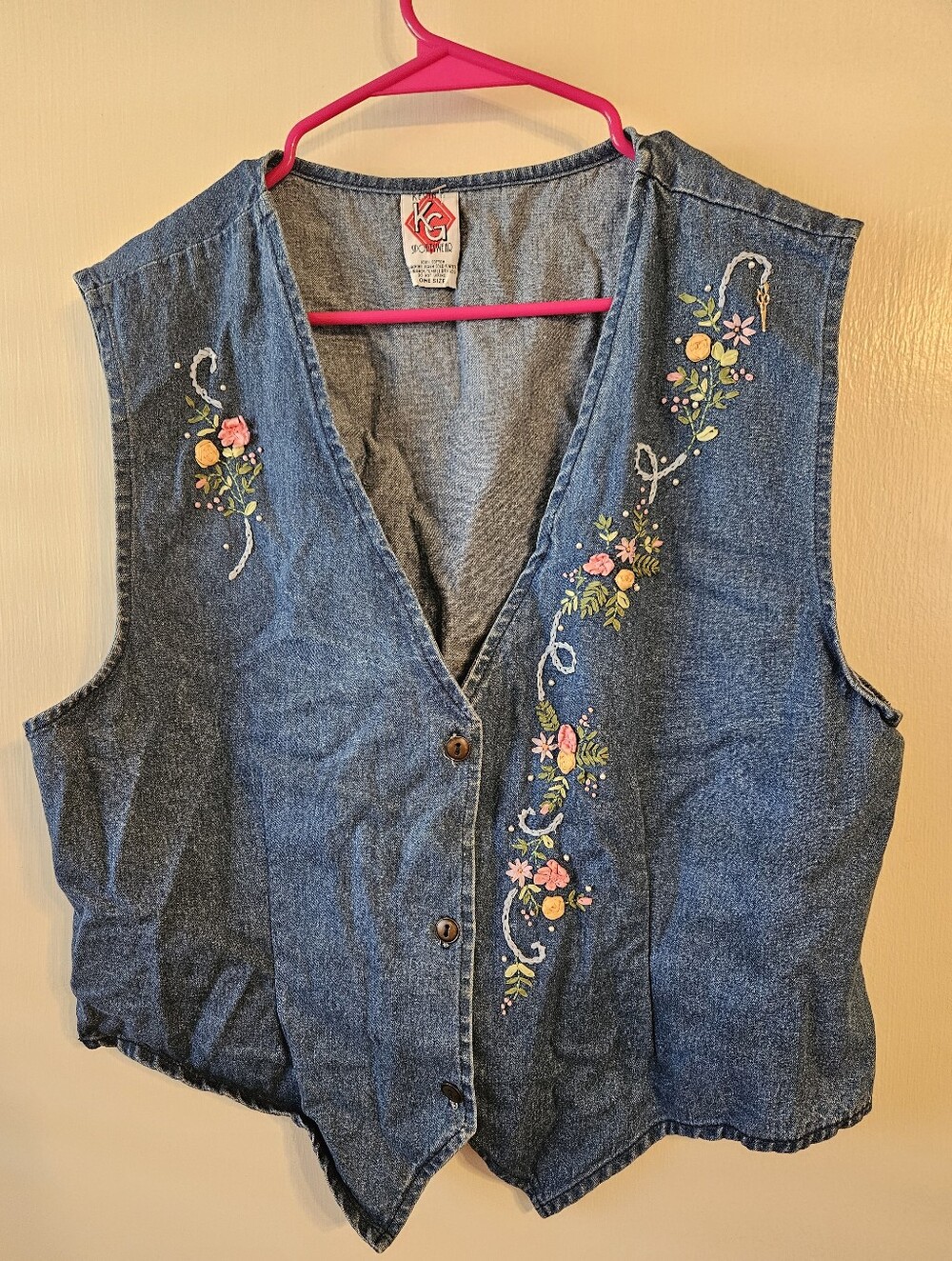 Denim Floral Embroidered Button Vest - Blue with Pink & Yellow Flowers XL